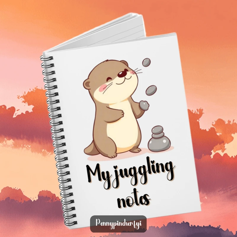 Funny otter notebook with a playful Kawaii character juggling stones, perfect for jotting down clever ideas.