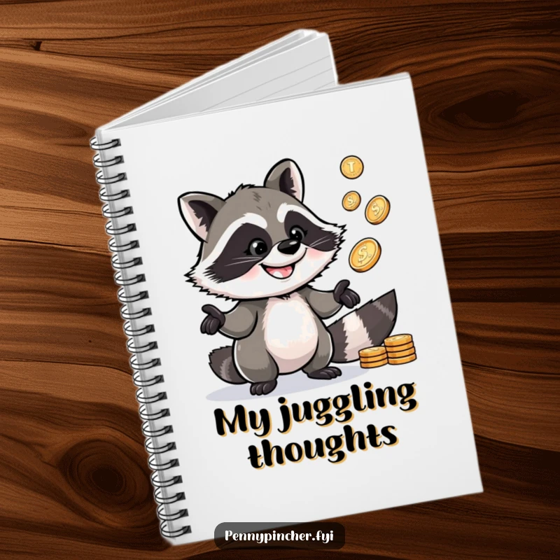 Funny Raccoon Notebook: A clever raccoon character juggling shiny pennies, ready to record your thoughts.
