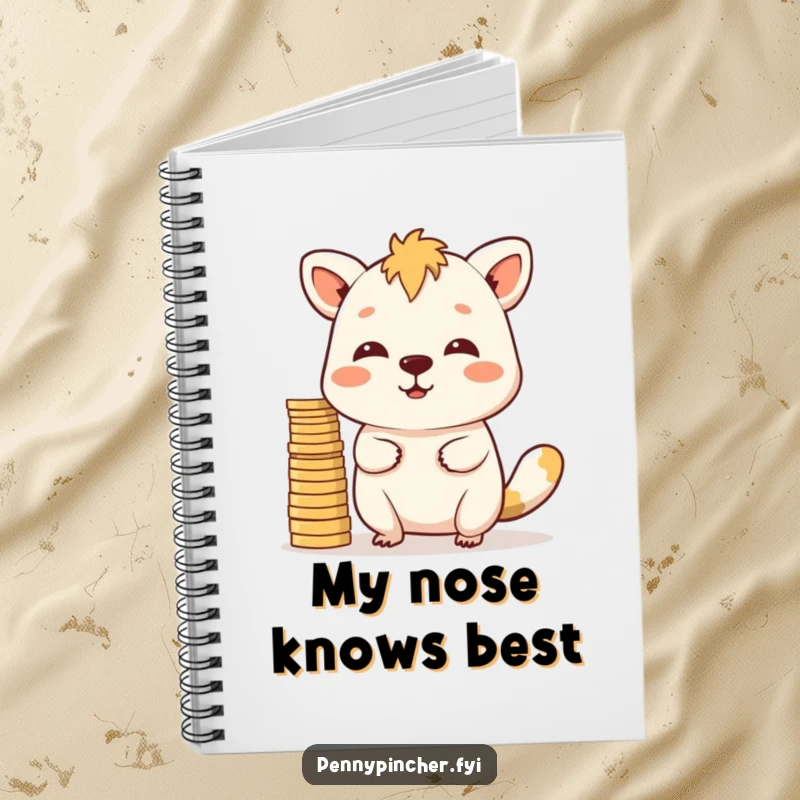 Funny Notebook: An animal character balancing coins on its nose on a notebook cover, symbolizing focus.