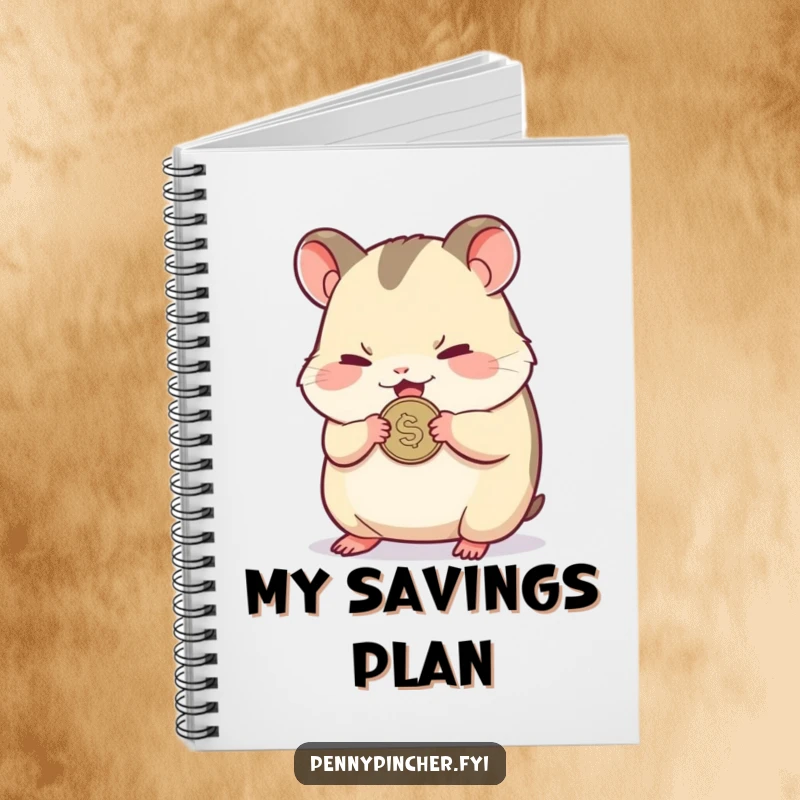 Funny notebook cover with a small hamster character nervously clutching a single shiny coin, looking very attentive.