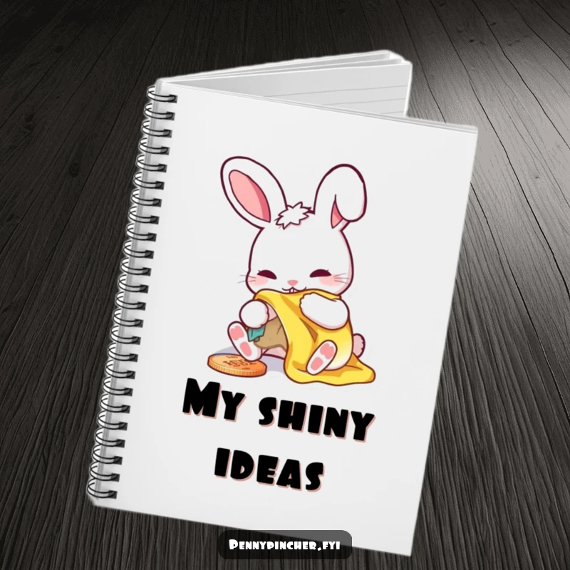 Funny notebook with a rabbit character meticulously polishing a shiny penny, ideal for journaling.