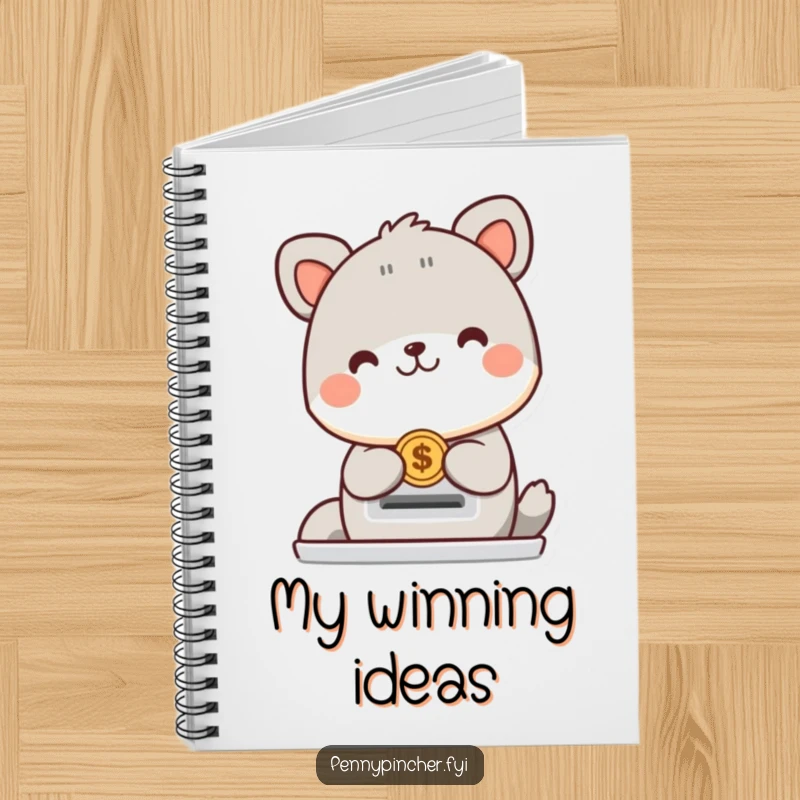 Funny animal character notebook with a cheerful creature happily placing a coin into a slot, ideal for jotting down notes humorously.