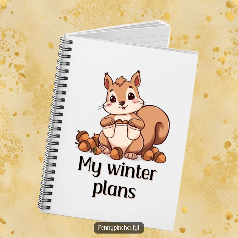 Funny notebook with a squirrel character hoarding acorns with comically oversized pockets, perfect for notes.