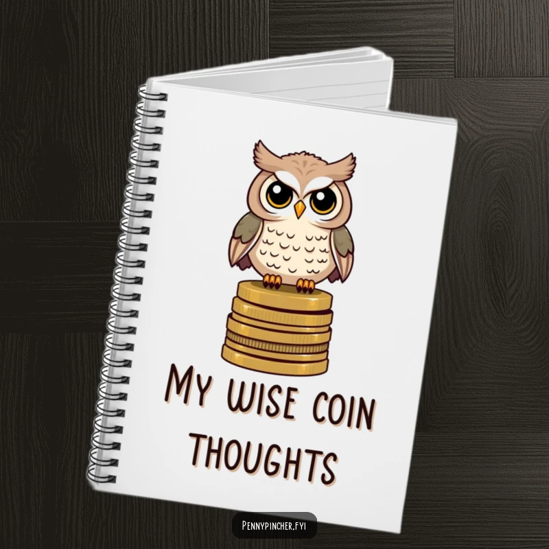 Funny notebook cover featuring a watchful owl character perched on a stack of antique coins, ideal for note-taking.