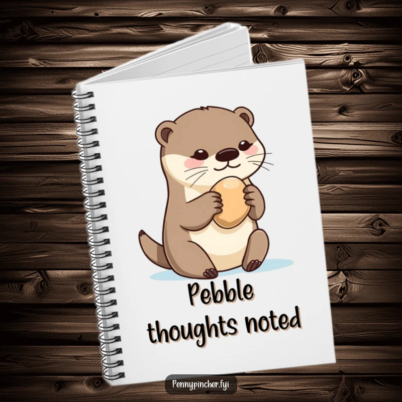 Funny otter notebook, showing a happy otter possessively holding a smooth pebble, ideal for jotting down inspired thoughts humorously.
