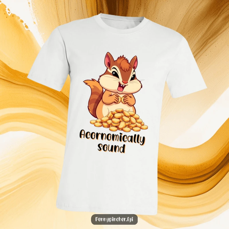 Funny determined chipmunk character t-shirt, hoarding a large pile of coins, with a focused expression.