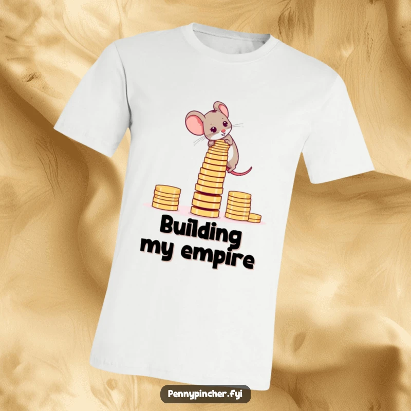 Funny T-Shirt depicting an ambitious mouse stacking coins precariously high into a tower.