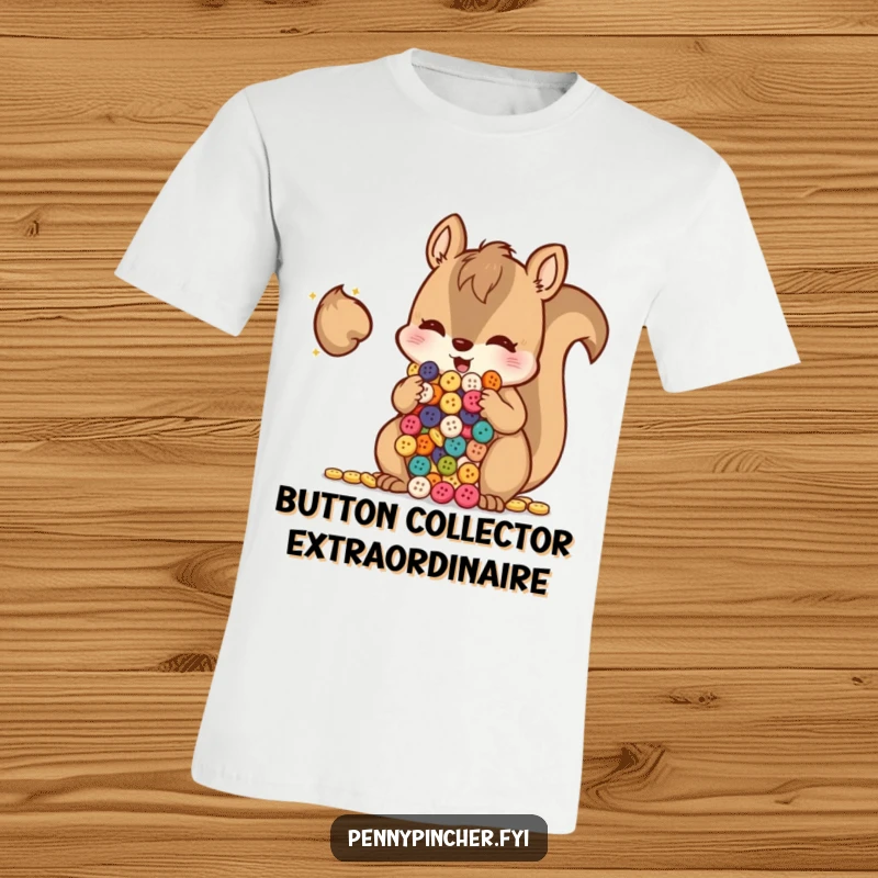 Funny squirrel with bulging cheeks packed with shiny buttons, a humorous and eye-catching t-shirt.