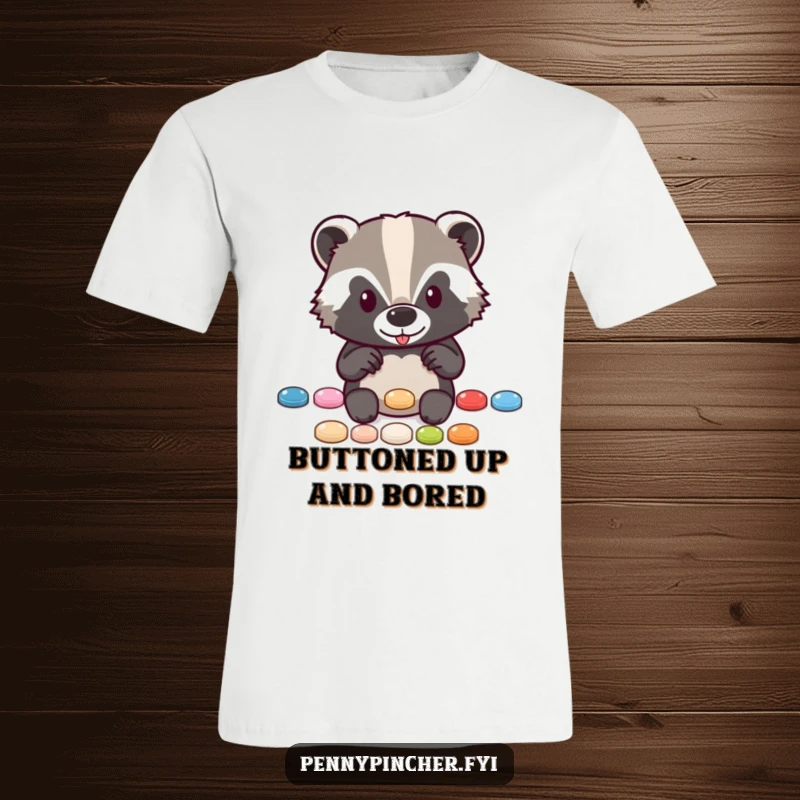 Funny t-shirt showcasing a diligent badger character neatly arranging a row of sparkling buttons, perfect for craft lovers.