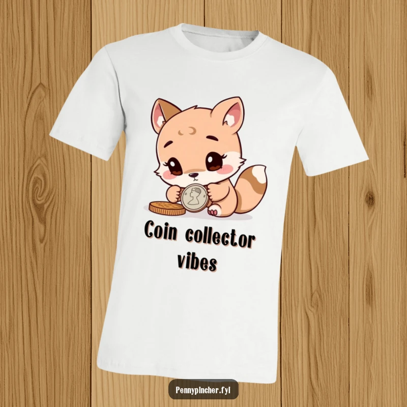 Funny curious animal character closely examining a coin, featured on a comfortable and eye-catching graphic t-shirt.