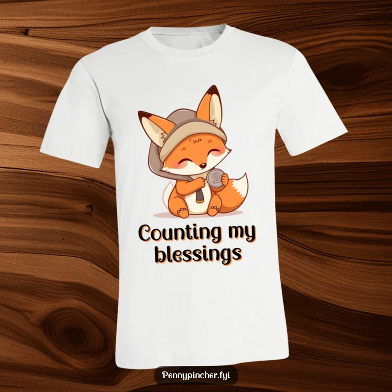 Funny Kawaii fox t-shirt featuring a character intently examining a single coin, perfect for showcasing resourcefulness and a keen eye.
