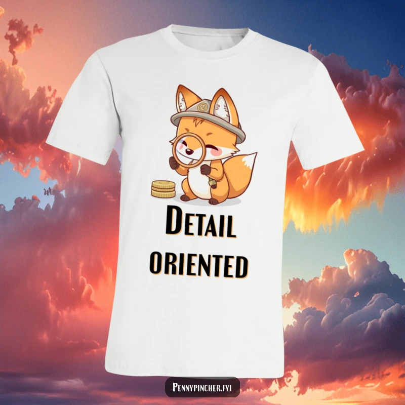 Funny t-shirt design of a clever fox examining something closely with a coin used as a magnifying glass, indicating resourcefulness.
