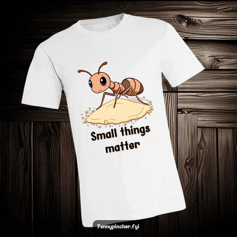Funny t-shirt depicting a diligent ant carefully sorting tiny grains of sand according to their respective sizes.