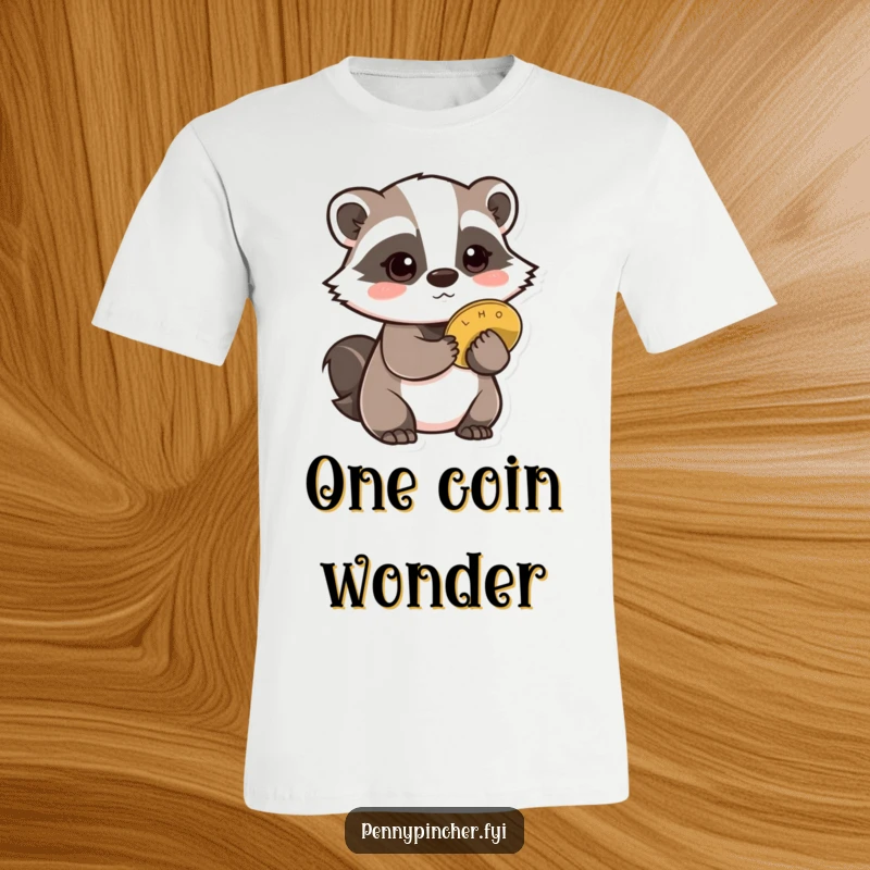 Funny Badger T-Shirt: A badger character discreetly hiding one shiny coin behind its back, looking very wary.