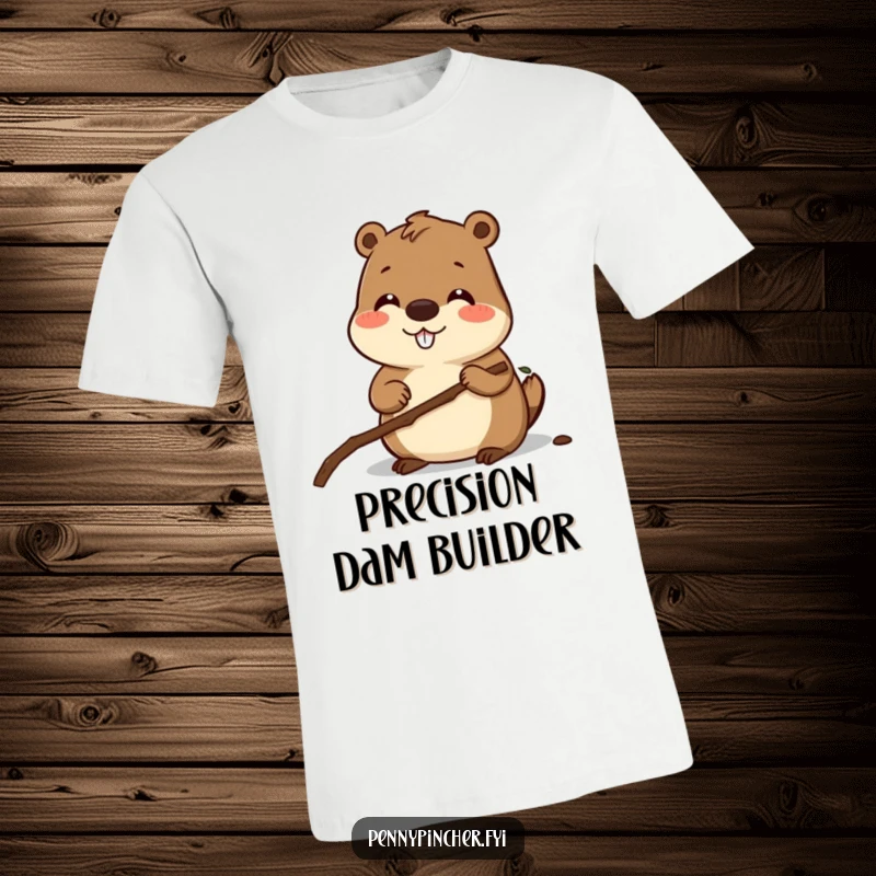 Funny t-shirt displaying a smiling beaver character carefully measuring a small twig, highlighting its dedication to precision and construction.