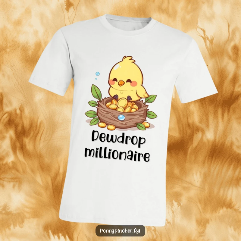 Funny T-shirt featuring a diligent bird character carefully placing shiny dewdrop coins into its nest, nature theme.