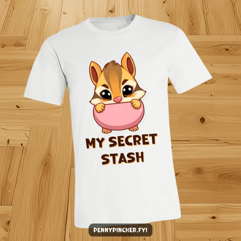 Funny t-shirt illustrating a cautious chipmunk character peeking into a piggy bank with wide eyes, emphasizing watchful saving and humorous prudence.