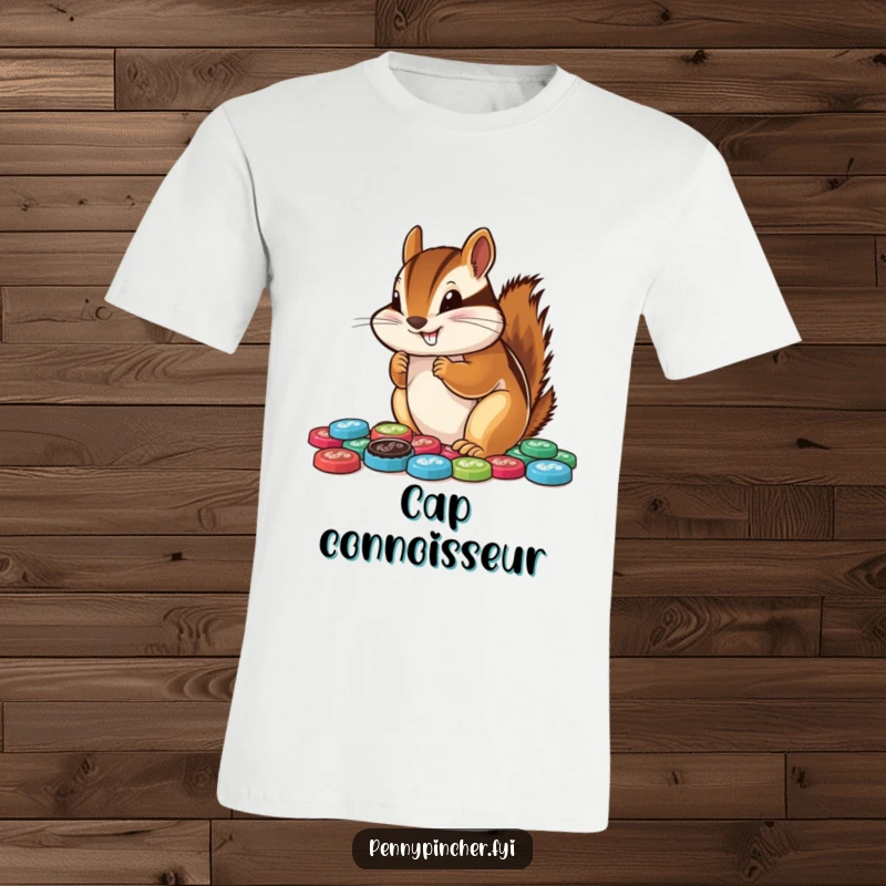 Funny chipmunk t-shirt, happily organizing a vibrant collection of bottle caps, displaying a meticulous and joyful hoarding personality.