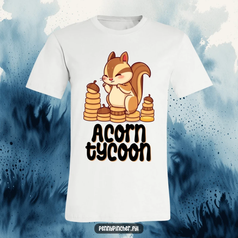 Funny chipmunk character t-shirt, carefully stacking acorns like coins, showcasing focus and a humorous dedication to hoarding.