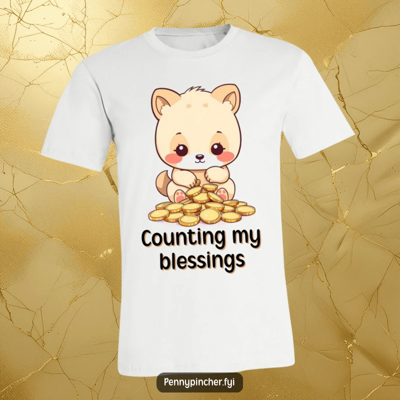 Funny t-shirt, animal character carefully examining and counting a small pile of shiny coins, highlighting precision and humor.
