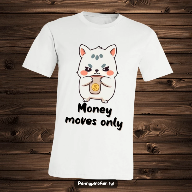 Funny t-shirt, determined animal character tightly holding a coin purse, illustrating discipline and financial prudence with a funny twist.