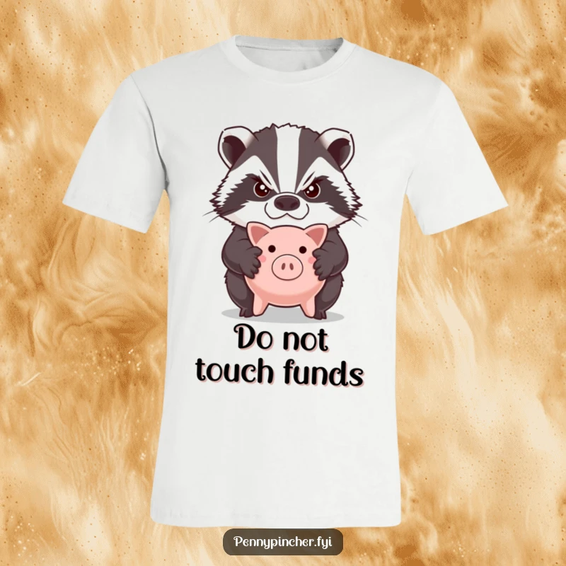 Funny t-shirt with a grumpy badger character standing guard with crossed arms over a tiny piggy bank.