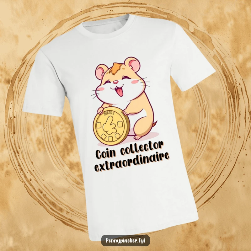 Funny t-shirt depicting a smiling hamster happily pushing a massive coin, representing luck and prosperity.
