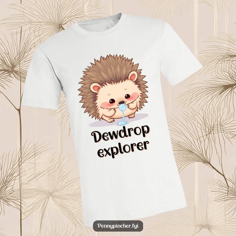 Funny t-shirt depicting a curious hedgehog carefully observing a single, perfectly formed dewdrop after a morning shower.