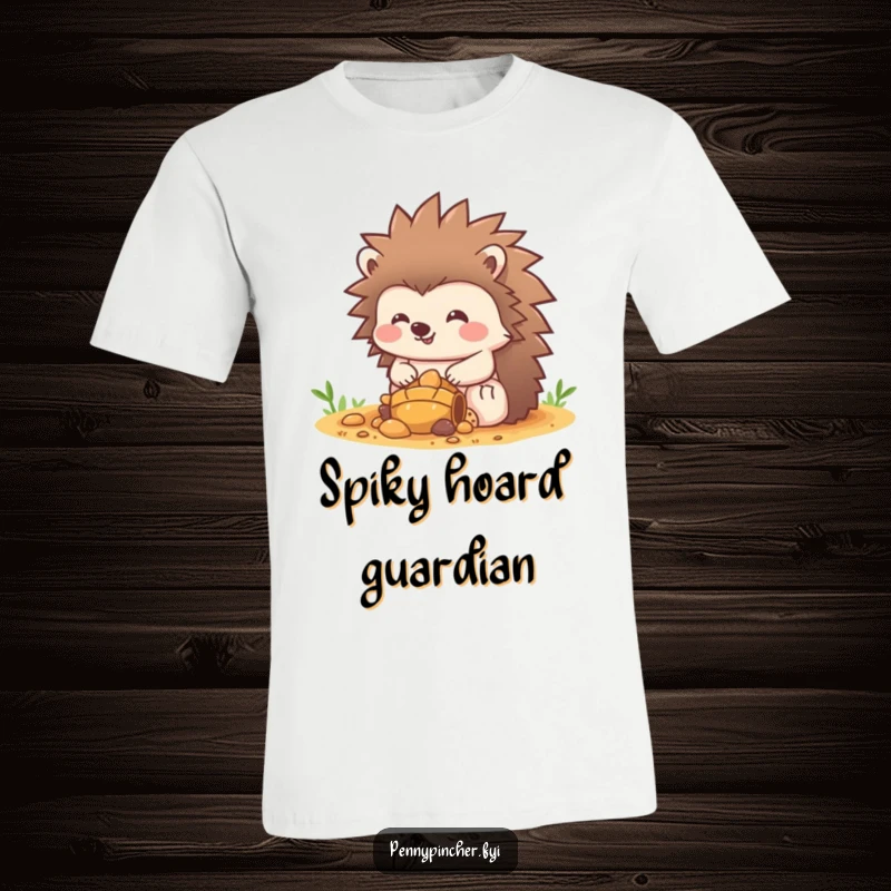 Funny Hedgehog T-Shirt: A cheerful hedgehog character protectively sits atop a small, glittering pile of treasure, radiating joy. Hilarious gift idea!