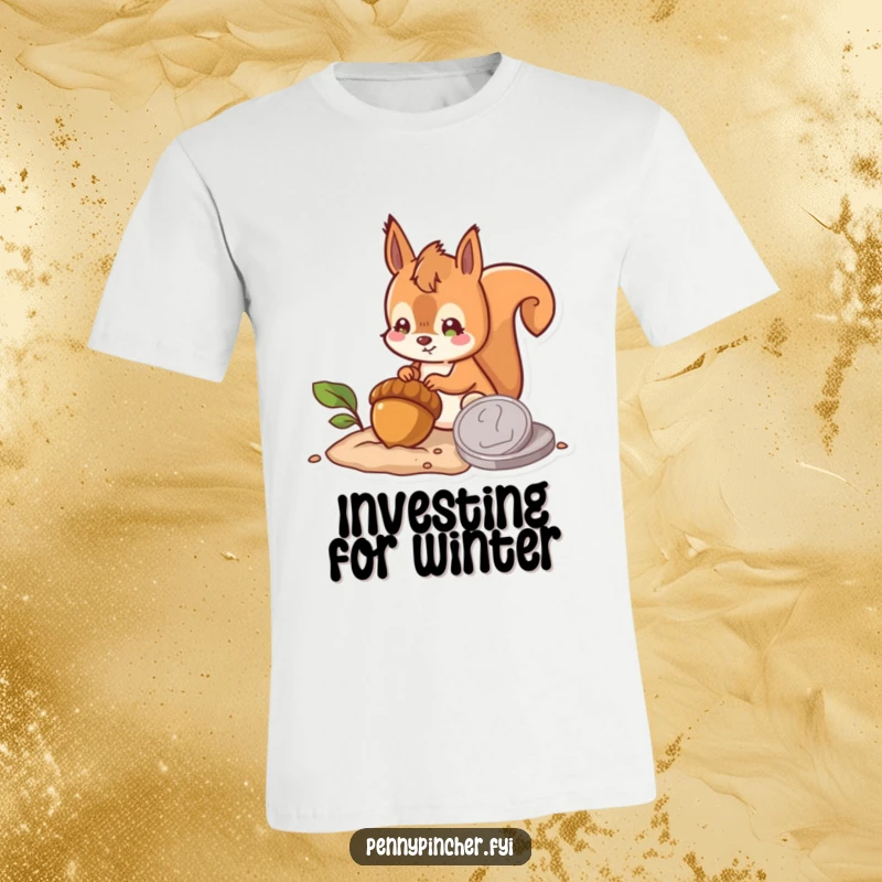 Funny t-shirt illustrating a hopeful squirrel character burying an acorn next to a large coin, emphasizing future planning and humorous optimism.