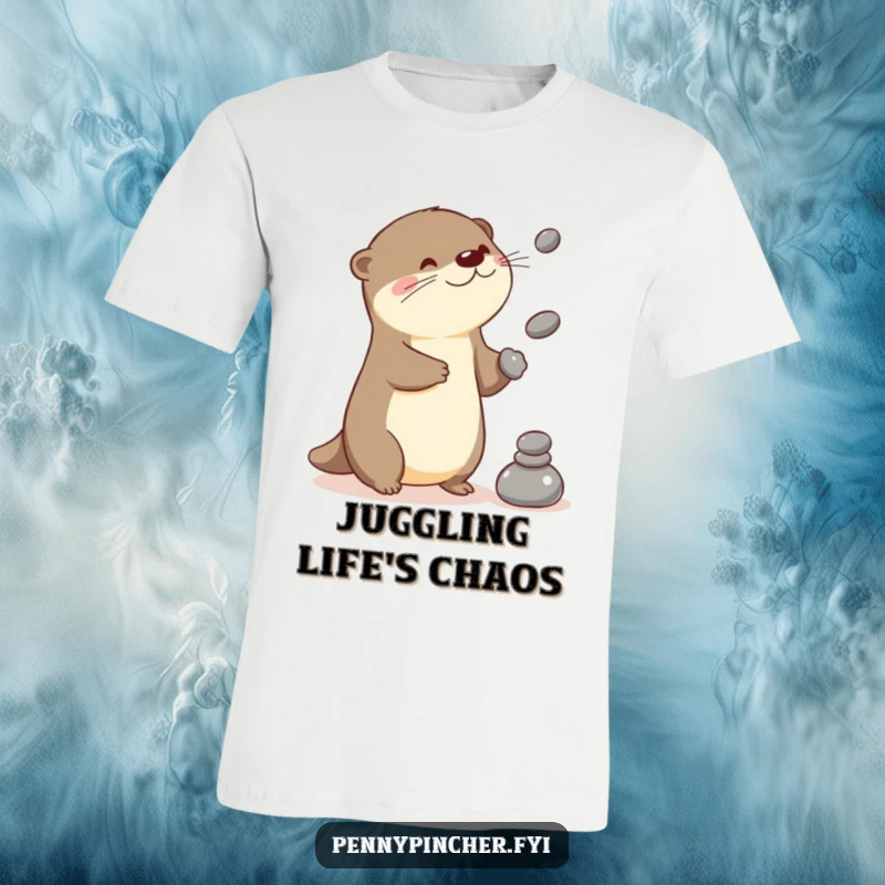 Funny otter t-shirt with a playful Kawaii character juggling three stones, showcasing excellent dexterity and fun.