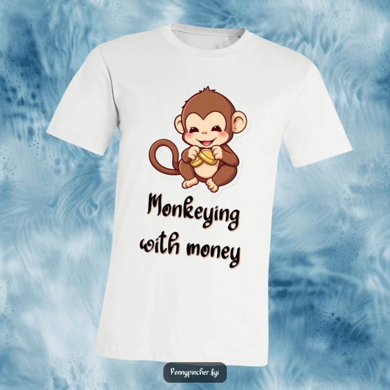 Funny T-Shirt with a determined monkey character trying to create a knot in a coin, highlighting a comical challenge.