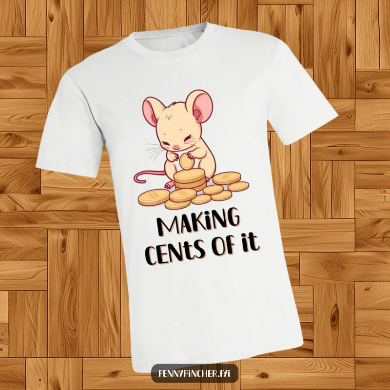 Funny t-shirt featuring a tiny mouse character carefully counting a single coin with an expression of deep thought.