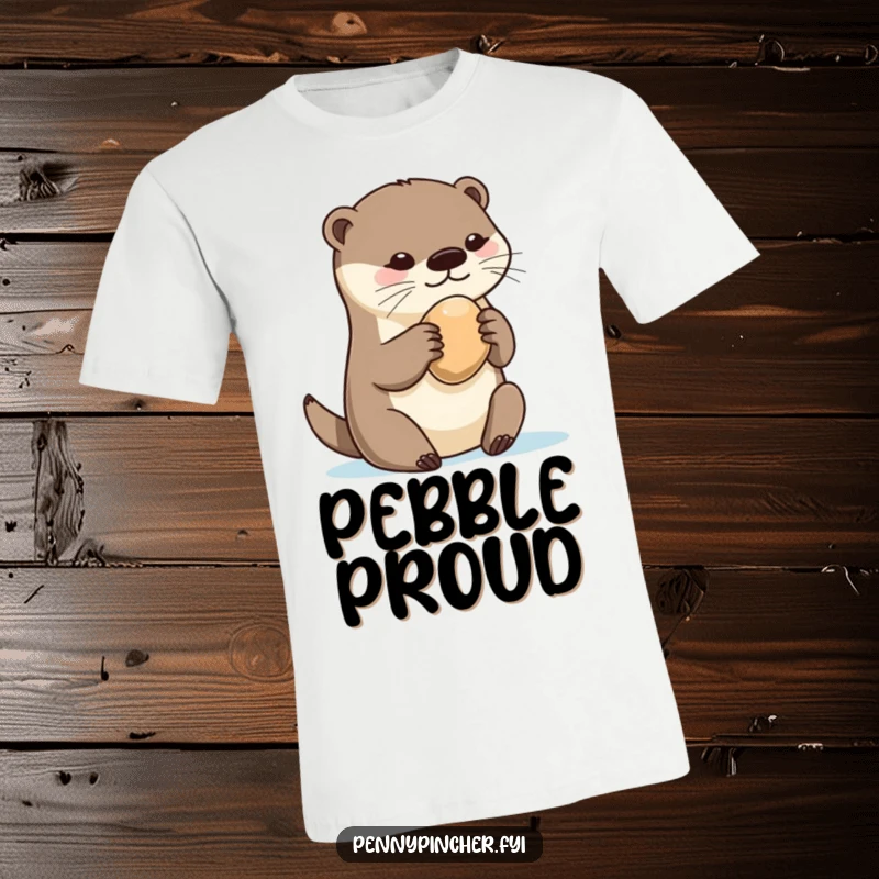 Funny otter t-shirt design, tightly gripping a single, gleaming pebble with joyful obsession, highlighting a treasure-hoarding nature.