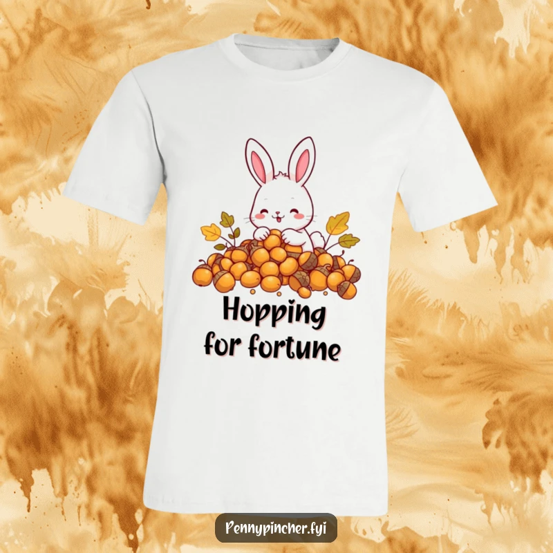 Funny Rabbit T-Shirt: A joyful rabbit character diligently counting a mound of glittering golden acorns.