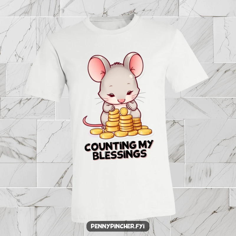Funny t-shirt showcasing a shy mouse character meticulously counting a small pile of coins, conveying a humorous sense of caution and thriftiness.