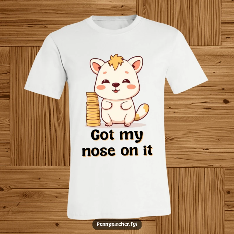 Funny T-Shirt: An animal concentrating intensely while balancing a precarious stack of gold coins on its snout.