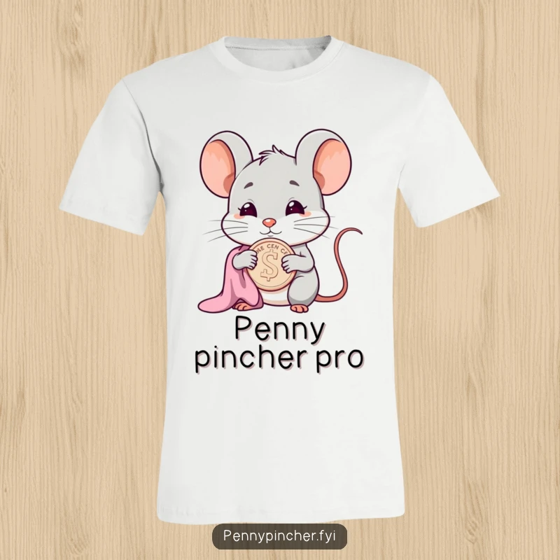 Funny smug mouse character t-shirt, polishing a single cent with a cloth, with a smug expression.