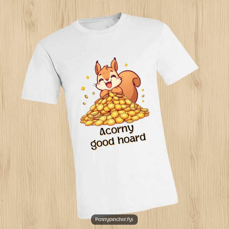 Funny squirrel t-shirt depicting an overjoyed squirrel meticulously collecting a huge mound of glittering coins, representing ambition and financial success.