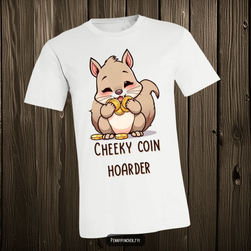 Funny Squirrel T-Shirt: A squirrel character adorably stuffing its chubby cheeks to the brim with large, shiny coins.