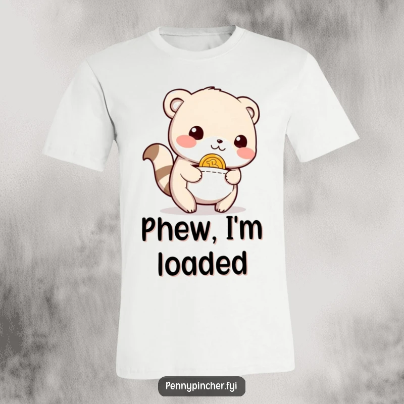 Funny T-Shirt of a happy animal character looking relieved, discovering a coin tucked away in its pocket, celebrating a lucky find.