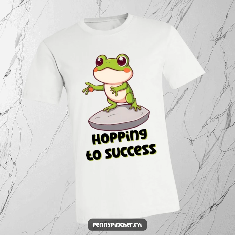 Funny t-shirt illustrating a clever frog character using a large coin as a stepping stone, emphasizing resourcefulness and humorous problem-solving.