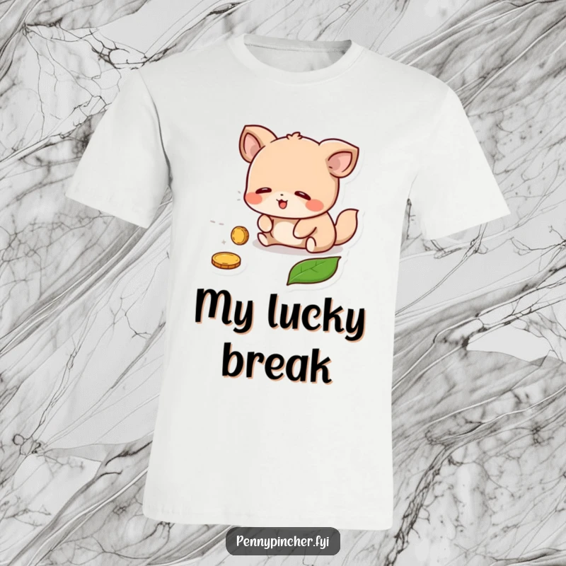 Funny T-Shirt: An overjoyed animal character celebrating the discovery of a single shiny coin under a leaf.