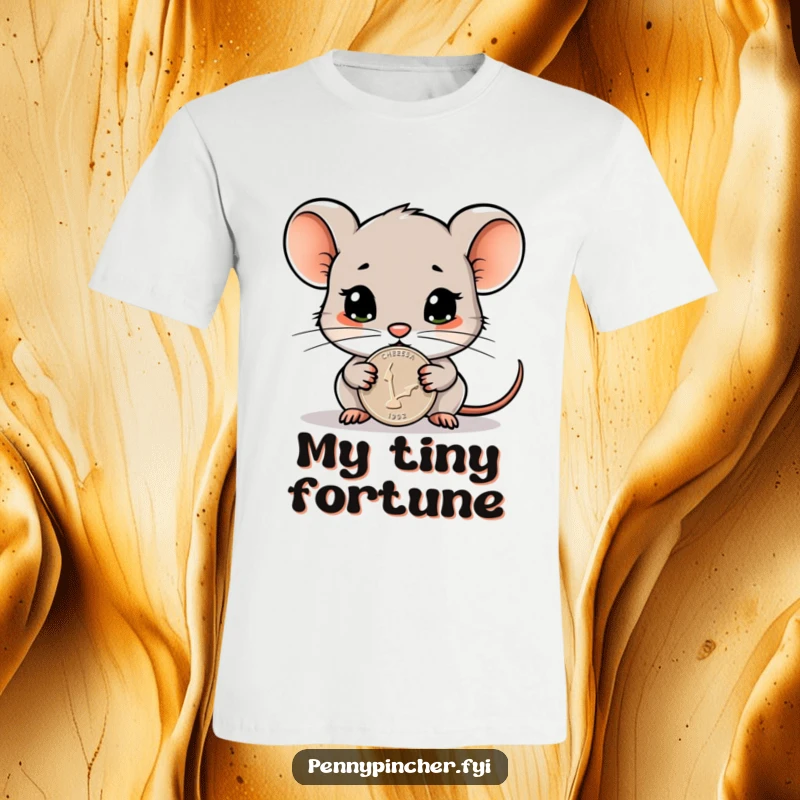 Funny t-shirt graphic of a cautious mouse character intensely guarding a single, gleaming penny, symbolizing carefulness and humor.