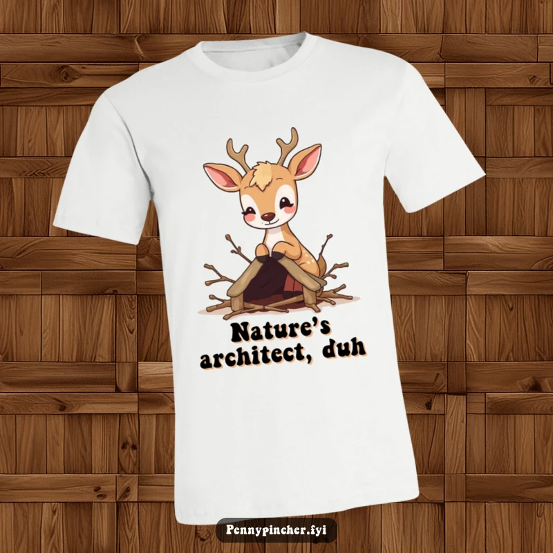 Funny t-shirt showing a bouncy deer meticulously building a tiny shelter out of twigs, illustrating creative woodland animal fun.