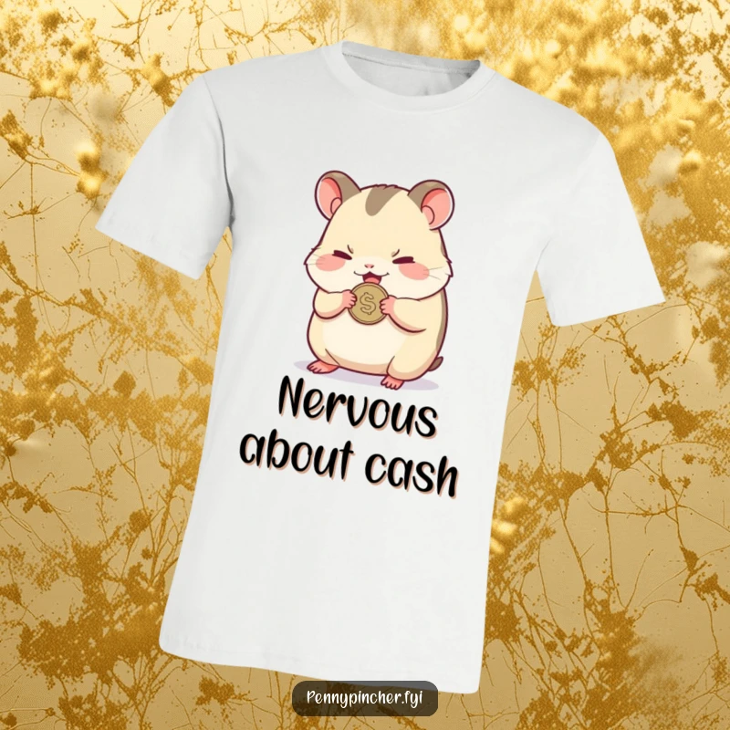 Funny t-shirt with a small hamster character tightly clutching a shiny coin, eyes wide with nervous energy.