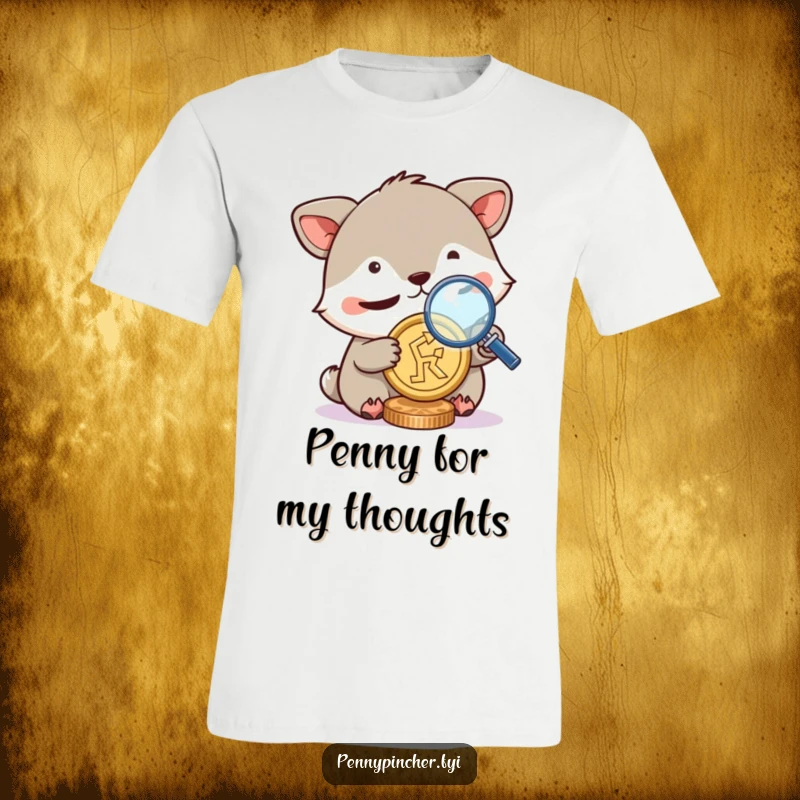 Funny t-shirt, animal character squinting while inspecting a coin with a magnifying glass, representing scrutiny and attention to detail humorously.