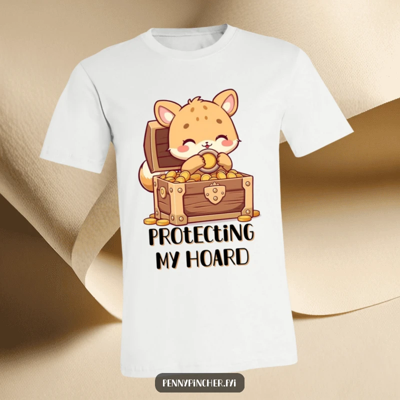 Funny animal character t-shirt showing a creature carefully locking a treasure chest full of coins, ideal for those who value their possessions humorously.