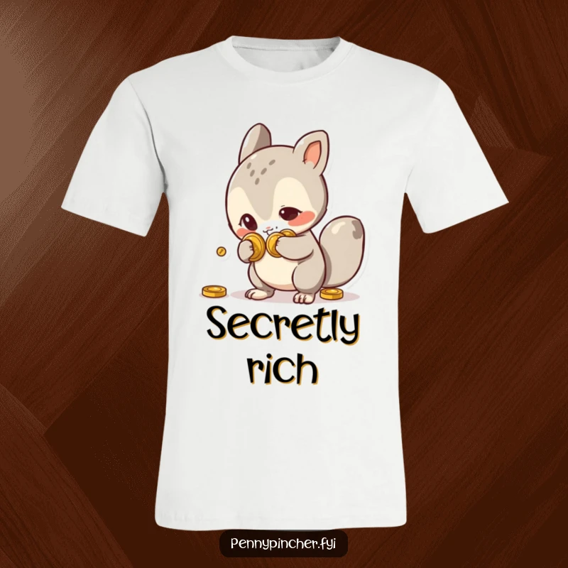 Funny T-Shirt of a sly animal character with a sly smile, secretly hiding coins behind its back, embodying playful cunningness.