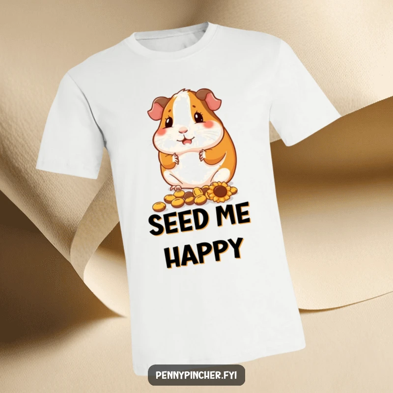 Funny guinea pig t-shirt, a contented character precisely arranging sunflower seeds, neat and humorous apparel.